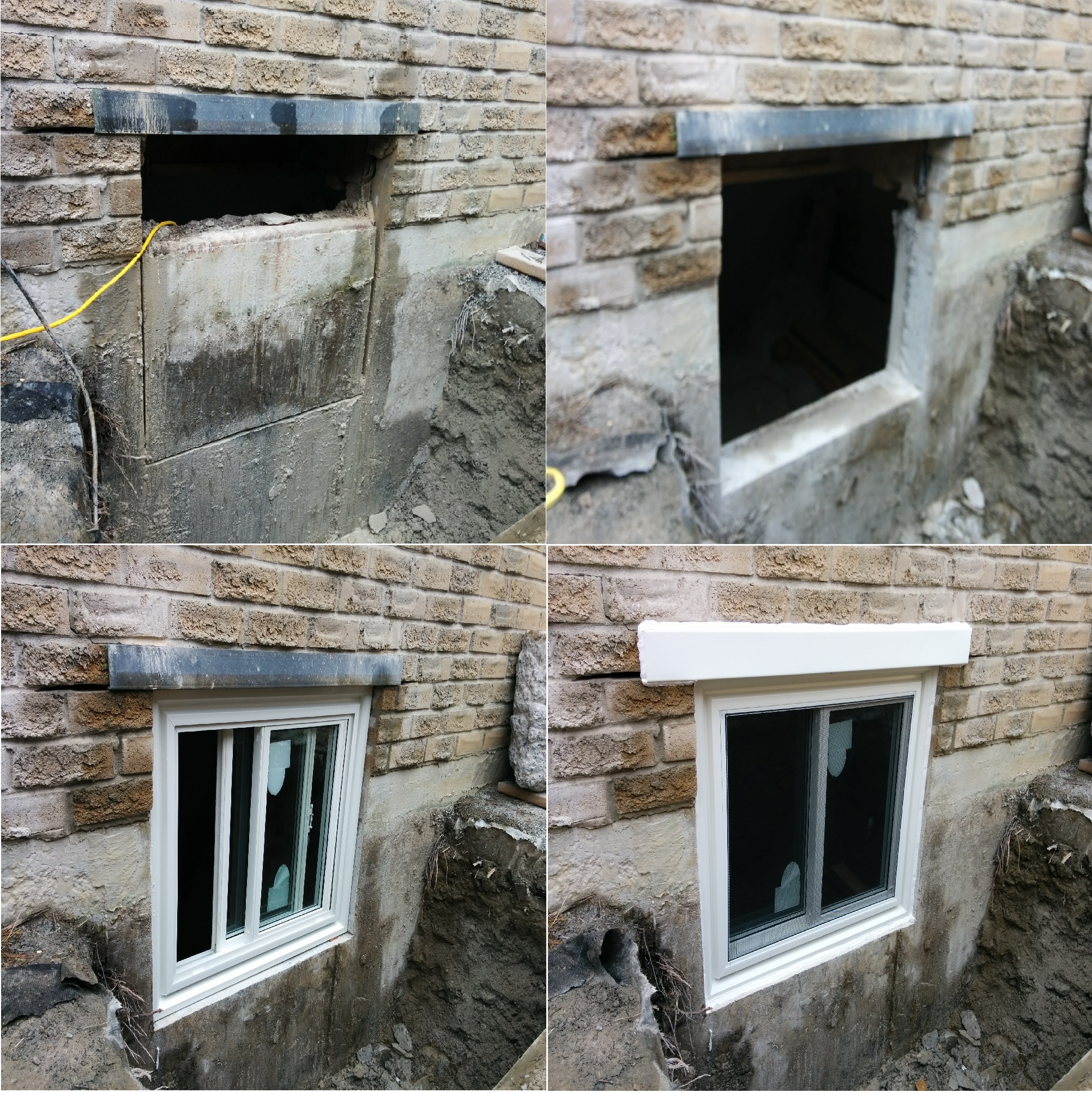 This job is egress basement window. Required to cut concrete foundation, cut brick, brick lintel installation, egress window installation, aluminum flashing capping.